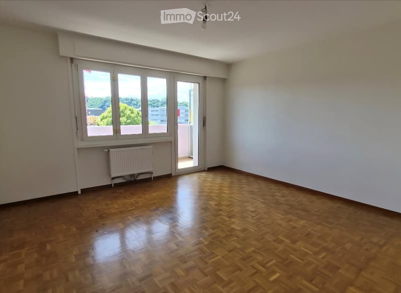 Empty room with wooden parquet flooring, white walls, large window with view, radiator, and a hanging light fixture.