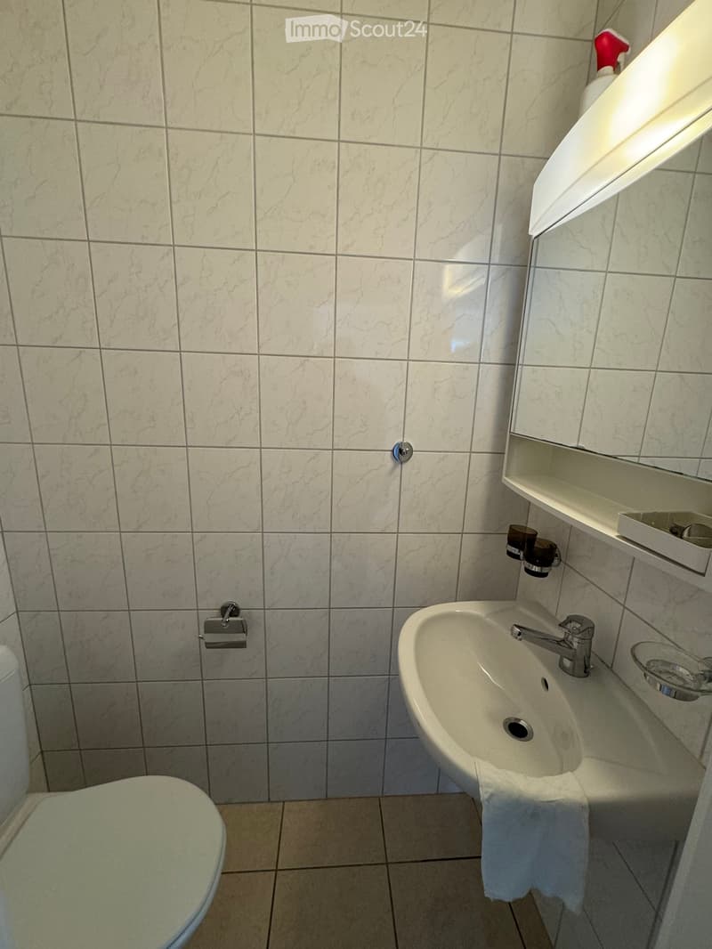 Bathroom with marble tiles, a toilet, a sink with a modern faucet, a mirror with a built-in shelf, and a towel hanging on the sink.