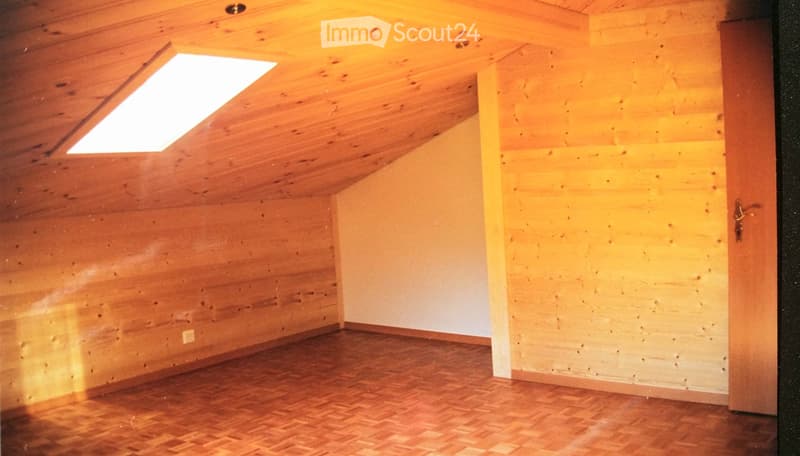 Empty room with wooden walls, wooden floor, and a skylight window. No furniture or equipment present.