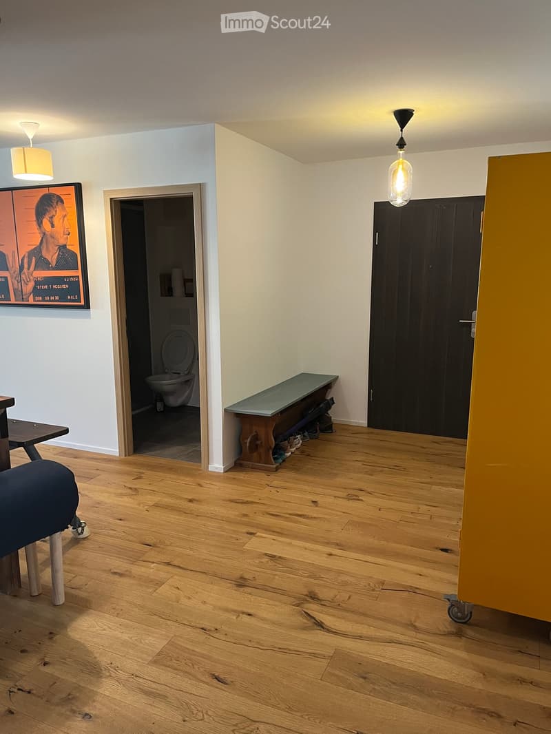 The room features wooden flooring, a bench, a stool, a screen, and a partially visible toilet in the background.