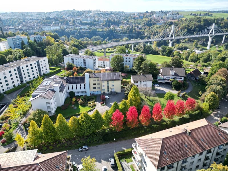 Aerial view of a residential area with multiple buildings, including apartment complexes and houses, surrounded by greenery and trees. A modern bridge is visible in the background, connecting different parts of the city.