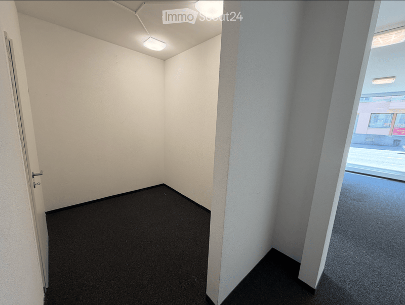 Empty hallway with white walls, black carpeted floor, and a door on the left side. Natural light enters from a window on the right.