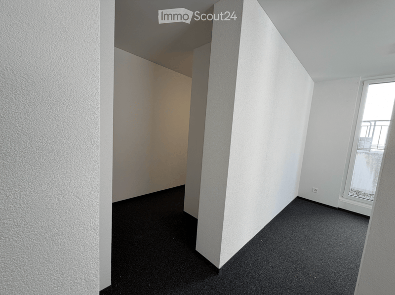 Empty room with white walls, black carpeted floor, and a window leading to a balcony.
