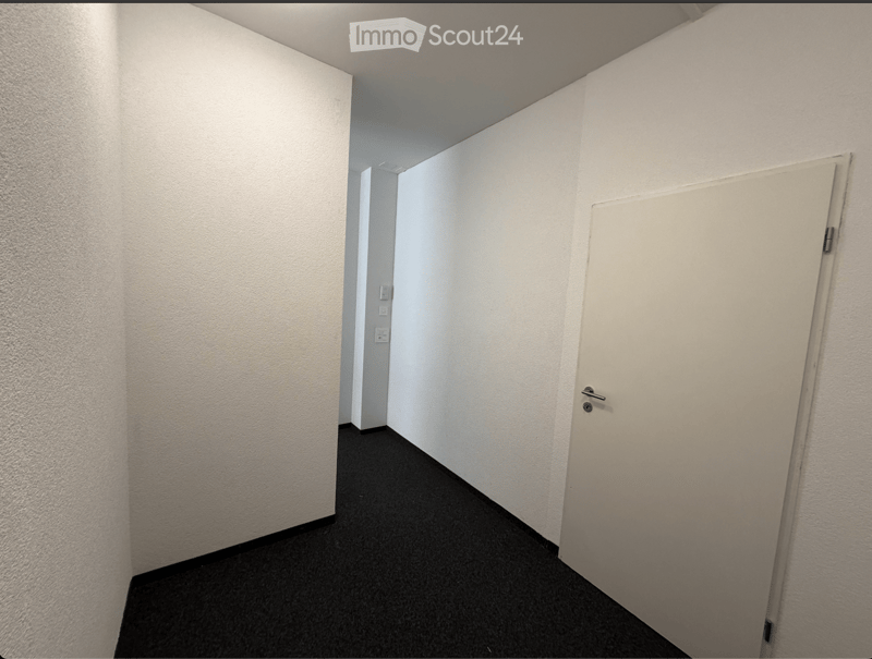 Empty hallway with white walls, black carpeted floor, and a closed white door on the right side.