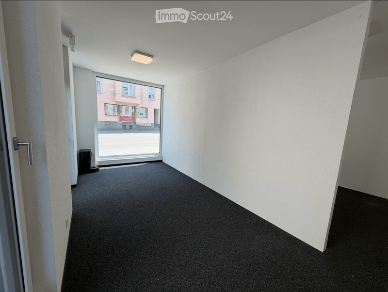 Empty hallway with grey carpet, white walls, and a large window showing a street view.