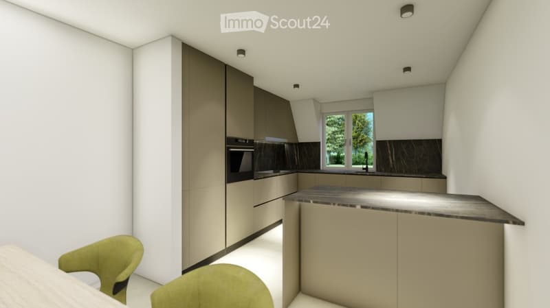 modern kitchen with white walls, brown cabinets, marble countertop, integrated oven and sink