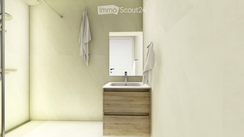 Bathroom with shower, sink, mirror, and wooden cabinet