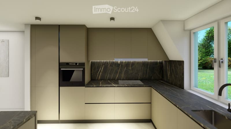 modern kitchen with oven, cooktop, modern cabinet design, marble countertop, window