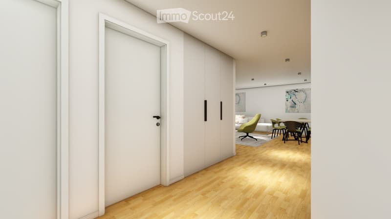 White walls, wooden floor, white sliding doors, cabinet, dining table, chairs, couch