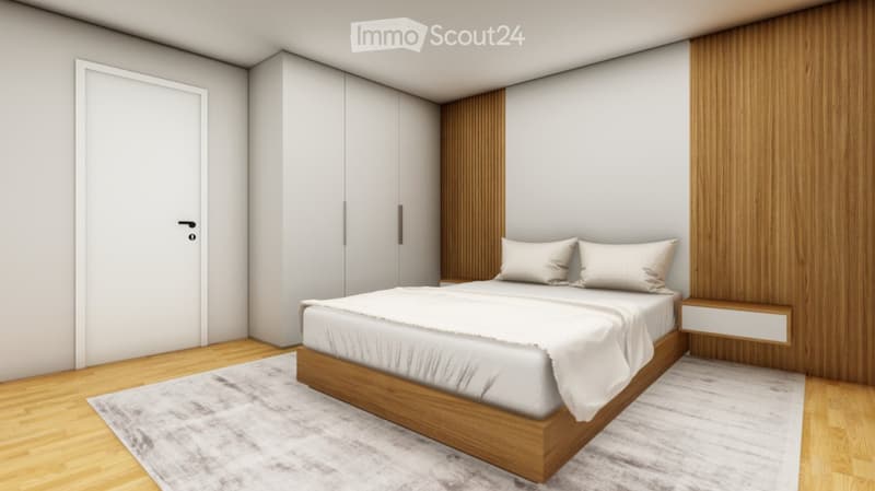 modern bedroom with double bed, white linen, wood floor, gray carpet, wooden walls, and two white nightstands