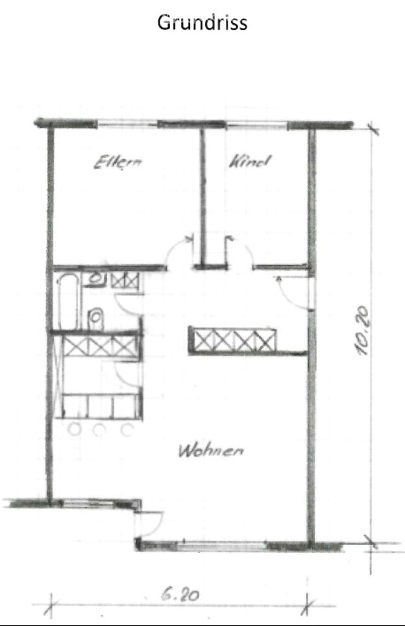 Floor plan of a small apartment with labeled rooms: Wohnzimmer (living room), Schlafzimmer (bedroom), and Badezimmer (bathroom). Dimensions are provided for the overall space.