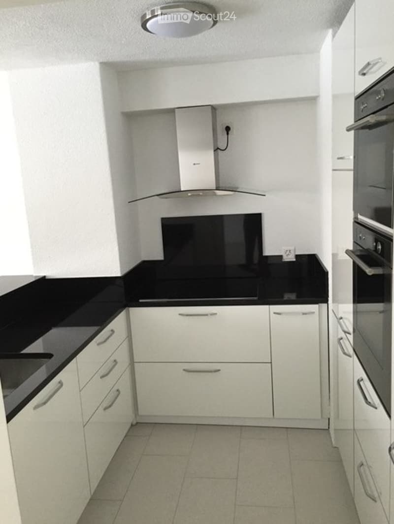 Modern kitchen with white cabinets, black countertop, stainless steel range hood, and built-in oven.