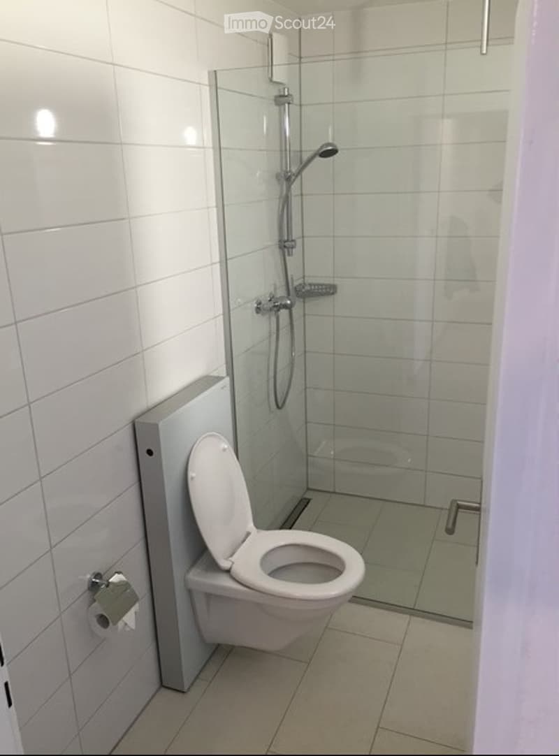 Modern bathroom with white tiled walls and floor, a glass-enclosed shower, and a toilet with an open lid.