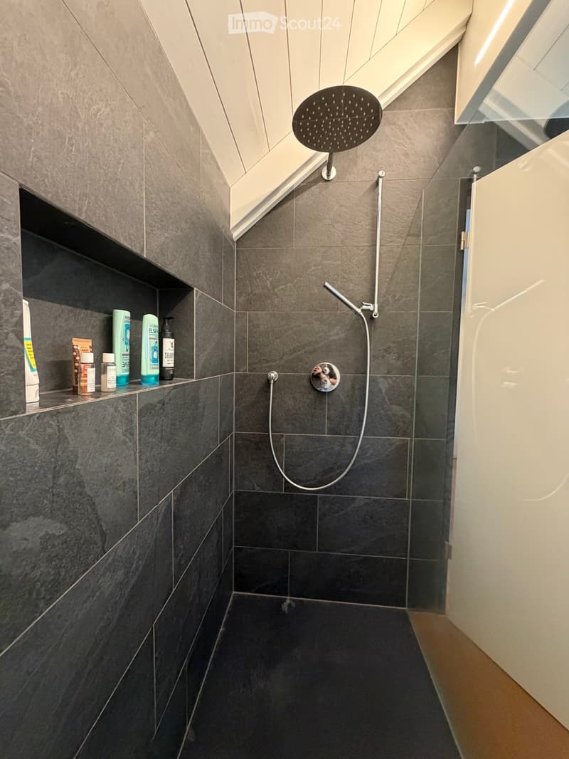 Modern shower area with dark grey tiles, a large overhead showerhead, handheld shower hose, and a shelf holding several bottled products.