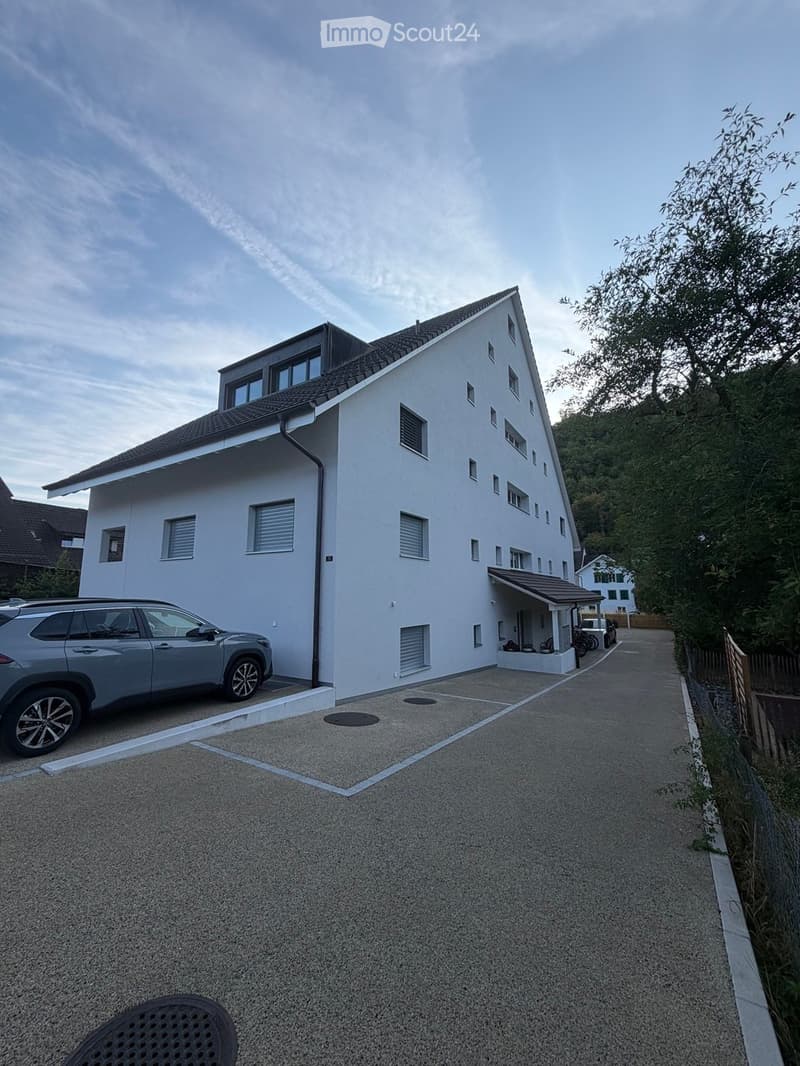 Modern two-story house with white exterior, multiple windows, and a covered entrance. A silver SUV is parked in the driveway.