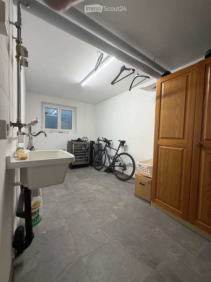 Utility room with a sink, bicycle, wooden cabinet, laundry basket, and cardboard box.