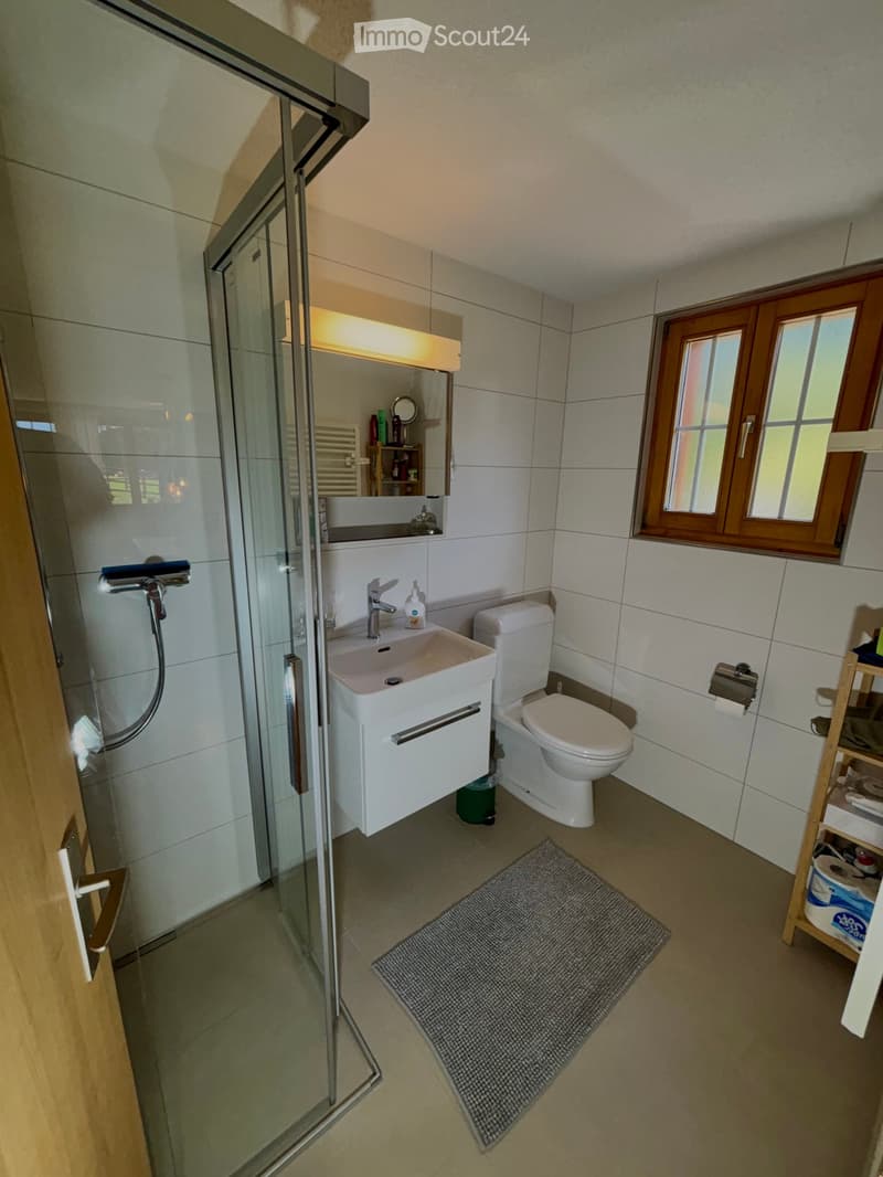Modern bathroom with white tiles, a glass-enclosed shower, a white sink with a mirror, a toilet, and a small wooden shelf holding toiletries.