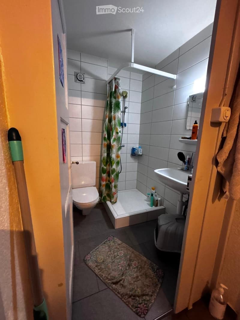 A small bathroom with a toilet, sink, mirror, shower with a floral curtain, and a floral rug on the floor.