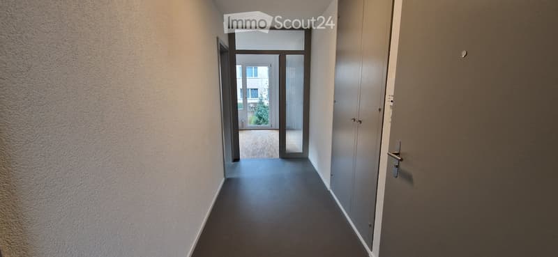 Empty hallway with light-colored walls, dark flooring, and a door at the end leading to a windowed area.