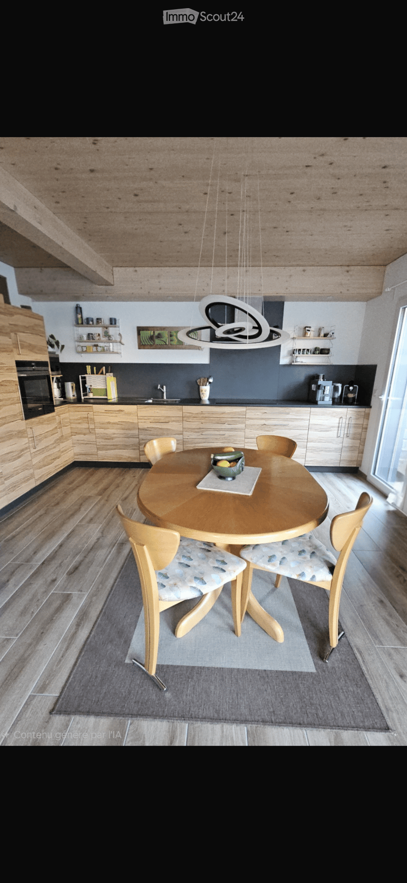 Modern kitchen with wooden cabinets, a round wooden dining table surrounded by wooden chairs, a pendant light fixture, and a sink area with a faucet. The space features a sleek design with a mix of light and dark tones.