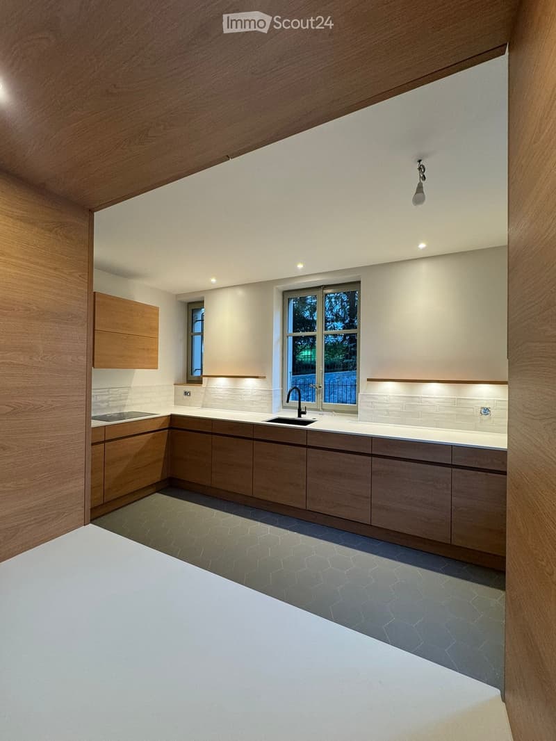 modern kitchen with wooden cabinets, white countertops, white subway tiles, hexagonal floor tiles, double sinks, faucet, windows, and recessed lighting