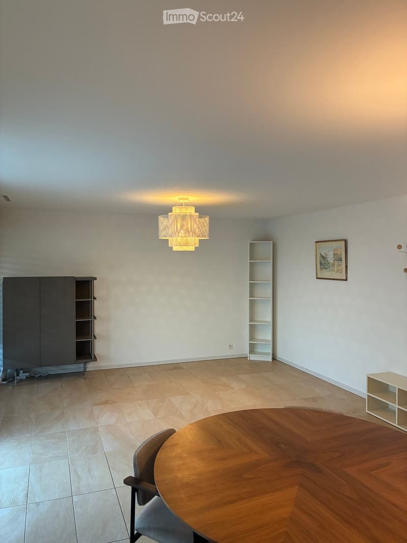A modern, minimally furnished room with a round wooden table, a single chair, a tall dark cabinet, a white shelving unit, a framed picture on the wall, and a decorative light fixture hanging from the ceiling.