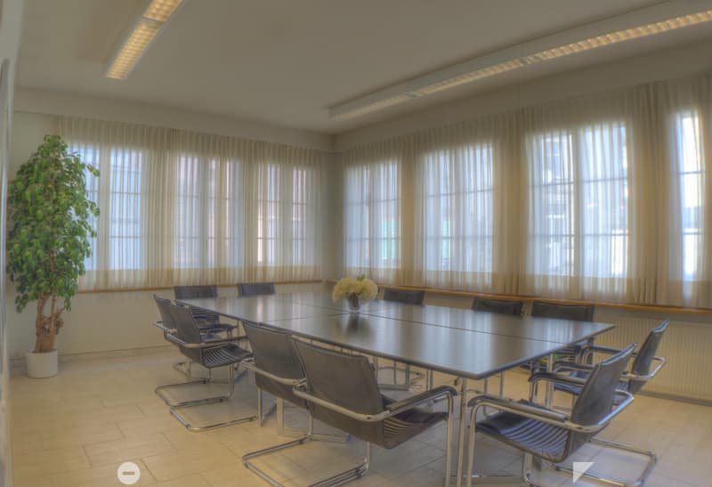 tiled floor, long conference table, black chairs, potted plant, long curtains, white lights