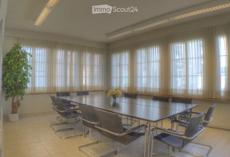tiled floor, long conference table, black chairs, potted plant, long curtains, white lights