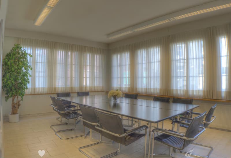 tiled floor, long conference table, black chairs, potted plant, long curtains, white lights