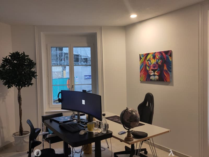 desk, two chairs, computer, mouse, globe, plant, framed painting on wall, window