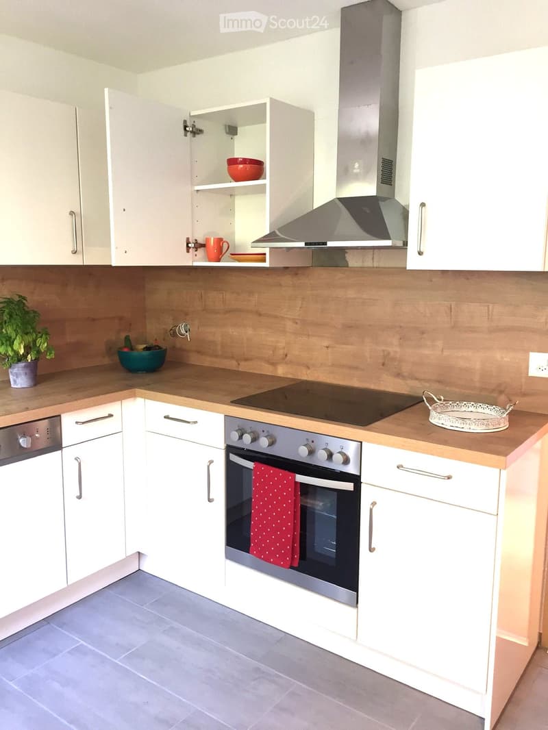 Modern kitchen with white cabinets, wooden countertops, stainless steel appliances, and a small plant on the counter.