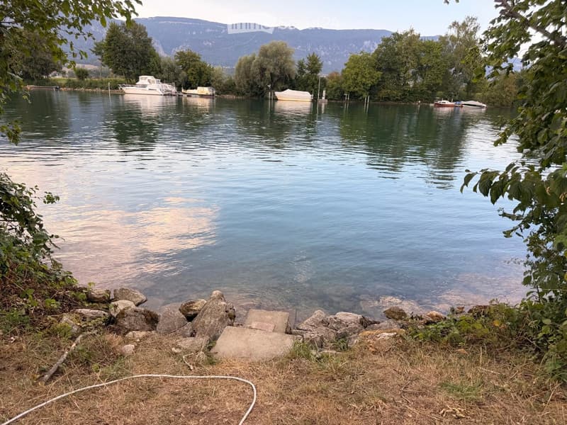 A serene lakeside scene with calm water, several docked boats, and a distant mountain range surrounded by trees.
