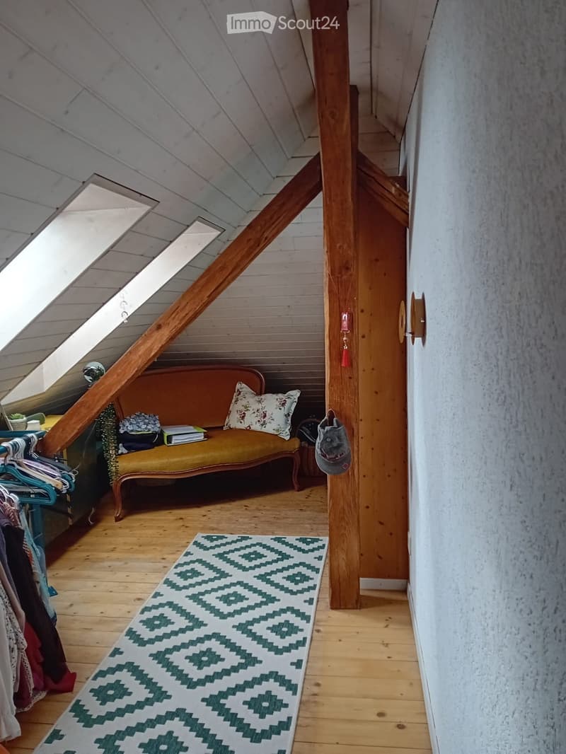 Attic room with wooden floors, slanted ceilings, and skylights. Features a patterned rug, a small sofa with a decorative pillow, books, and a clothing rack with hanging clothes.