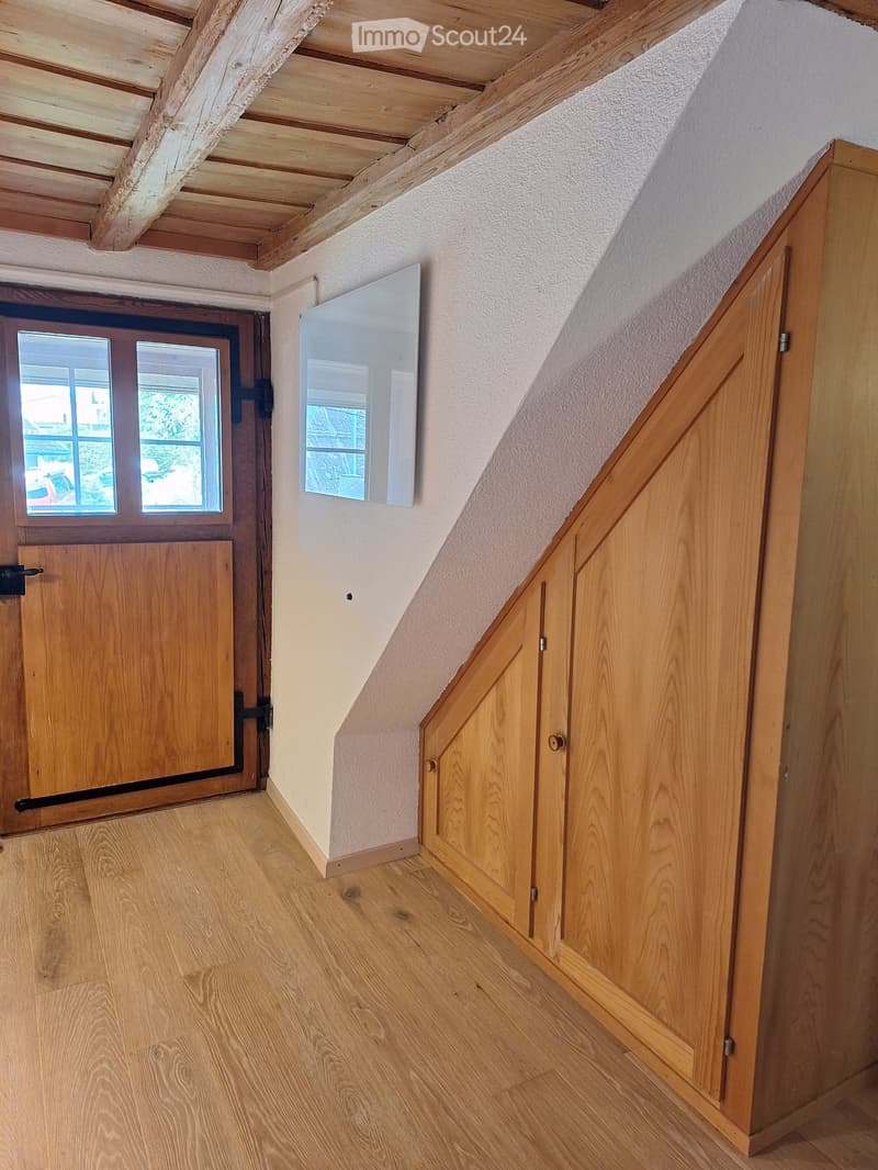 Wooden-floored hallway with exposed wooden beams, a wooden door with glass panels, and a built-in closet with wooden doors.