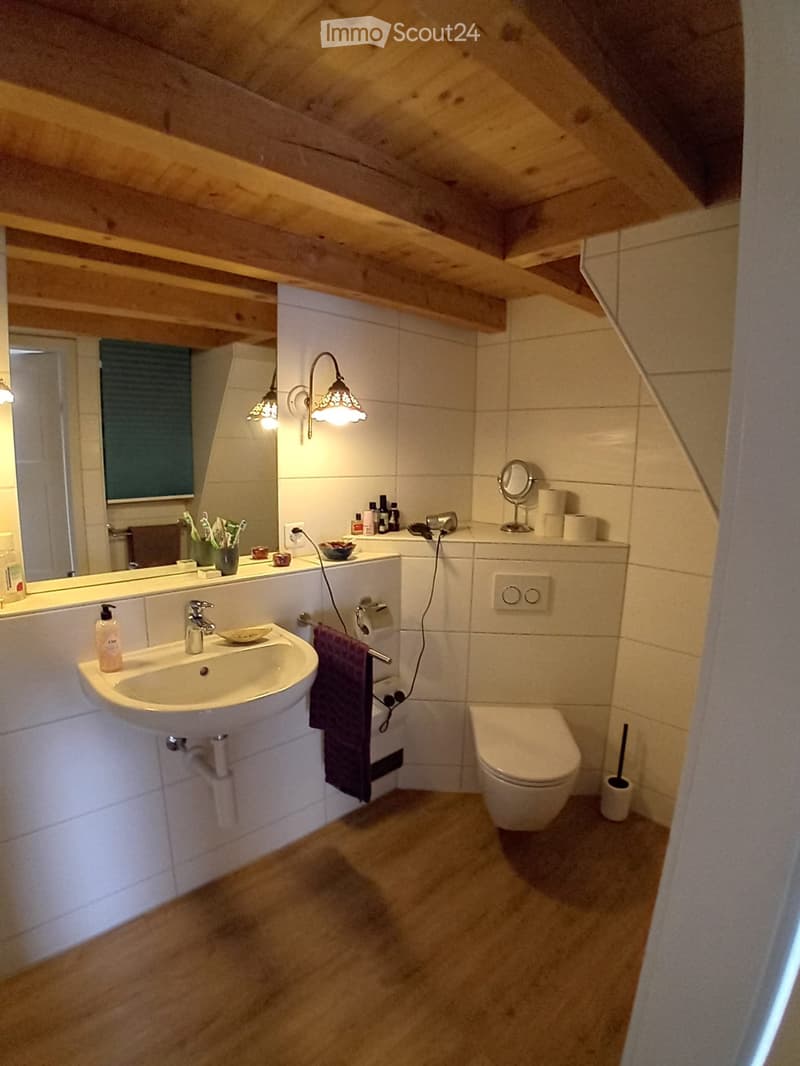 Modern bathroom with a sink, toilet, mirror, and various toiletries. Features wooden slanted ceiling and warm lighting.