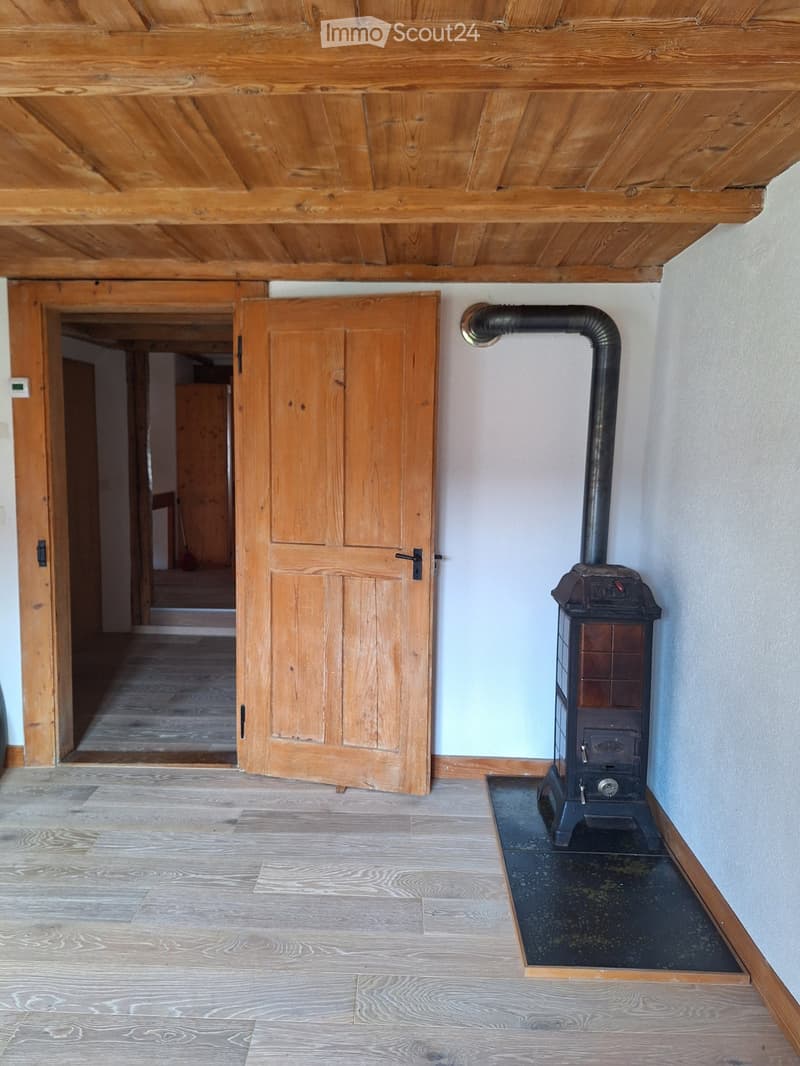 Empty wooden-floored hallway with exposed wooden ceiling, a closed wooden door, and a black wood-burning stove with a chimney pipe.