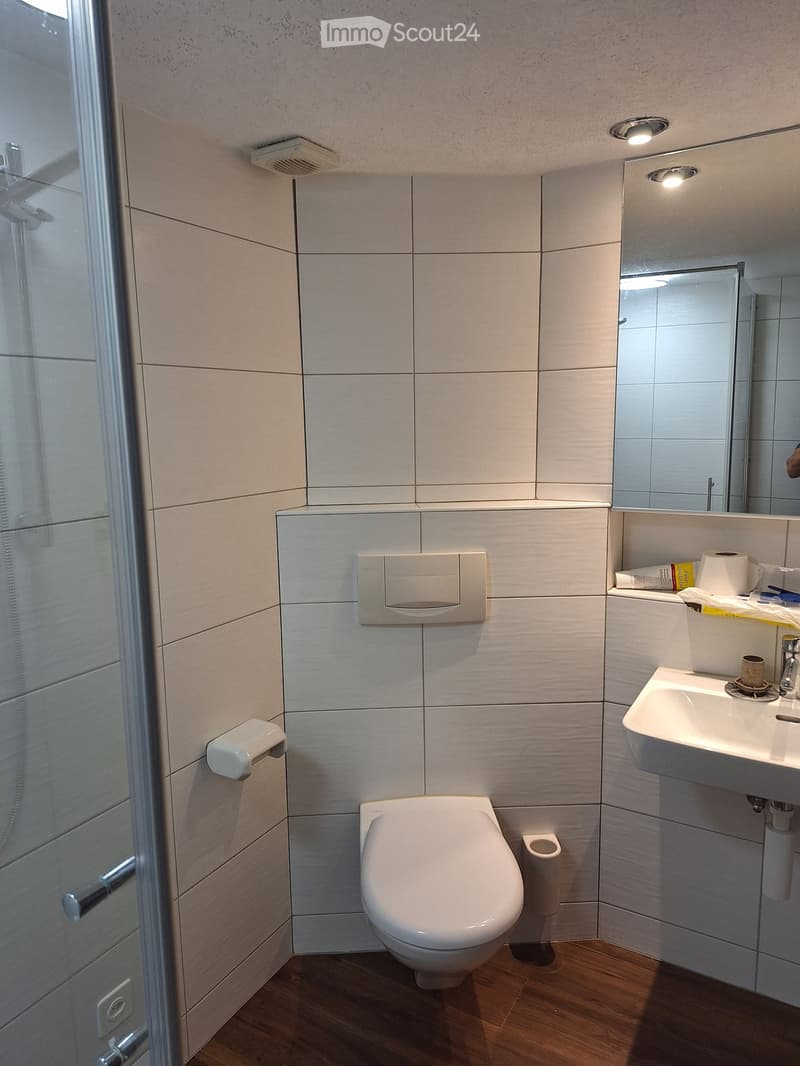 Modern bathroom with white tiled walls, a toilet, a sink with a mirror, and a glass-enclosed shower area.