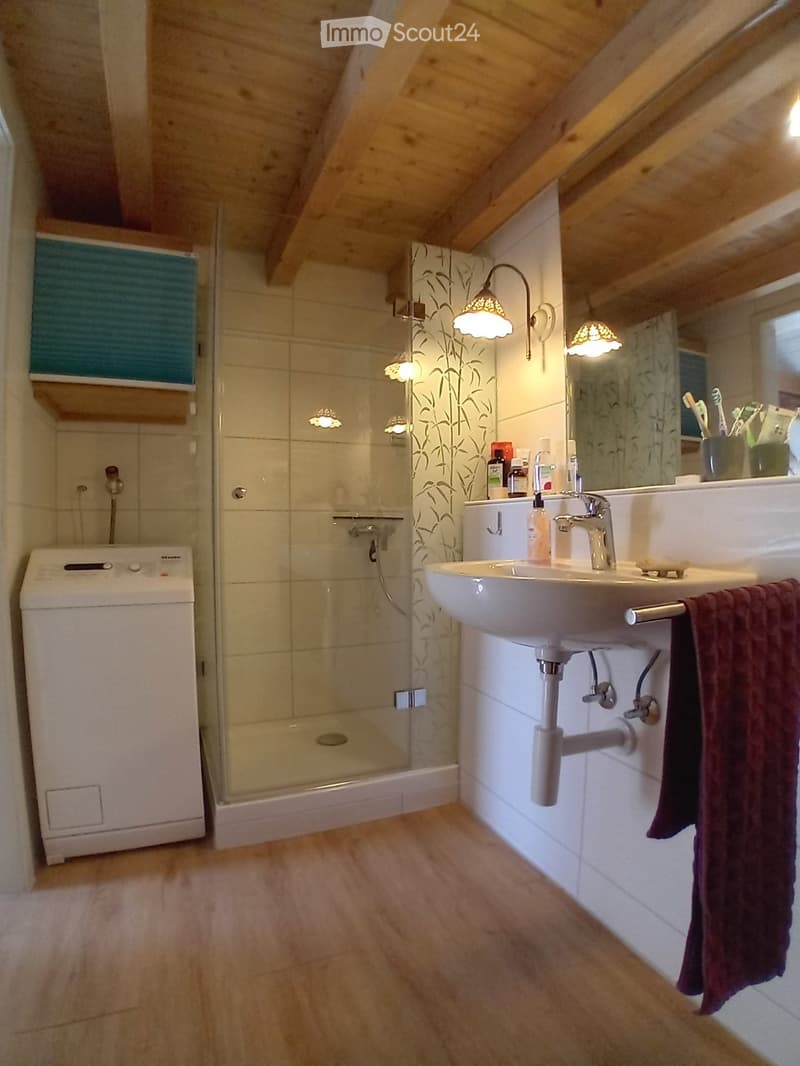 Bathroom with wooden ceiling beams, a white sink with a modern faucet, a towel hanging on the side, a shower with glass enclosure, and a small cabinet with a blue shutter above it.