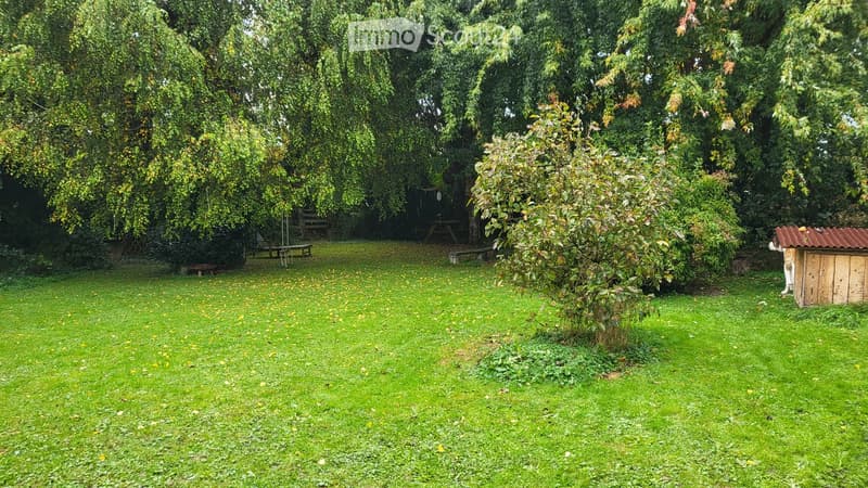 A well-maintained garden with a grassy lawn, scattered trees, benches, and a small wooden shed.