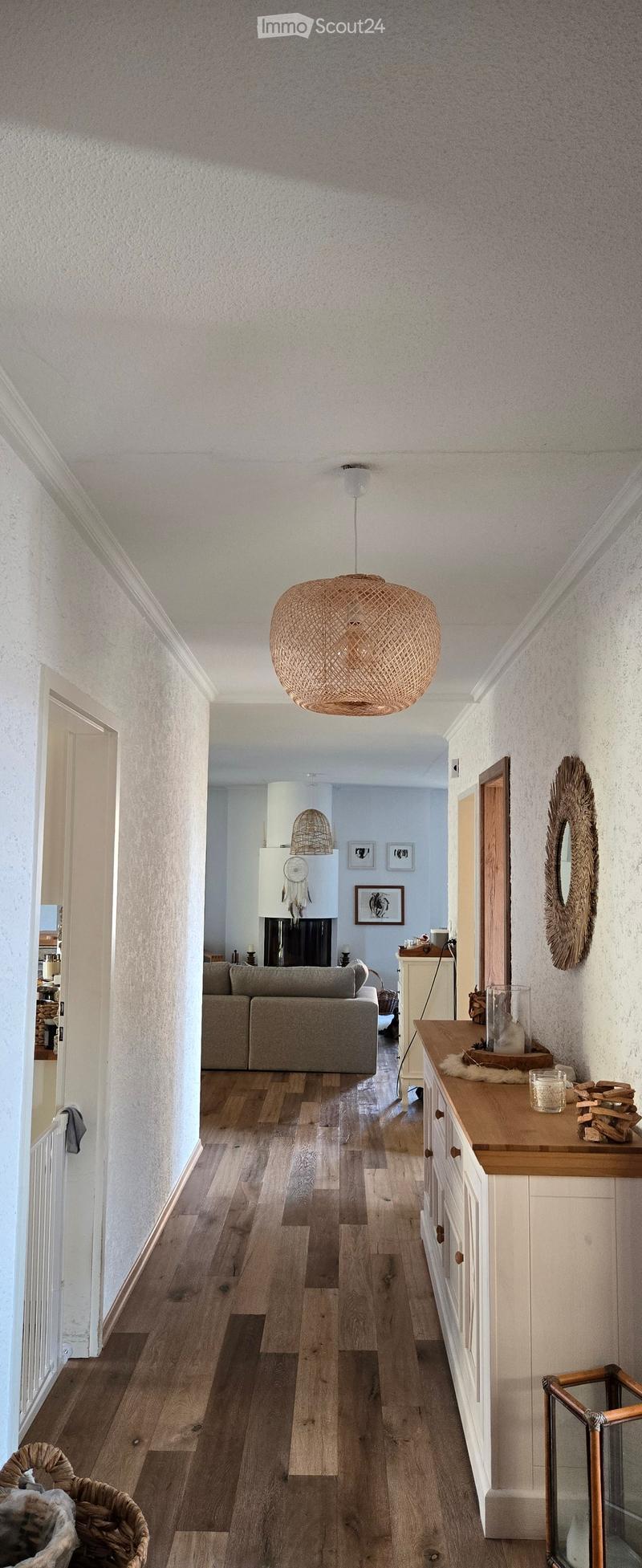A modern hallway with wooden flooring, white textured walls, and a hanging woven pendant light. The hallway leads to a living room area with a grey sofa, fireplace, and decorative items.