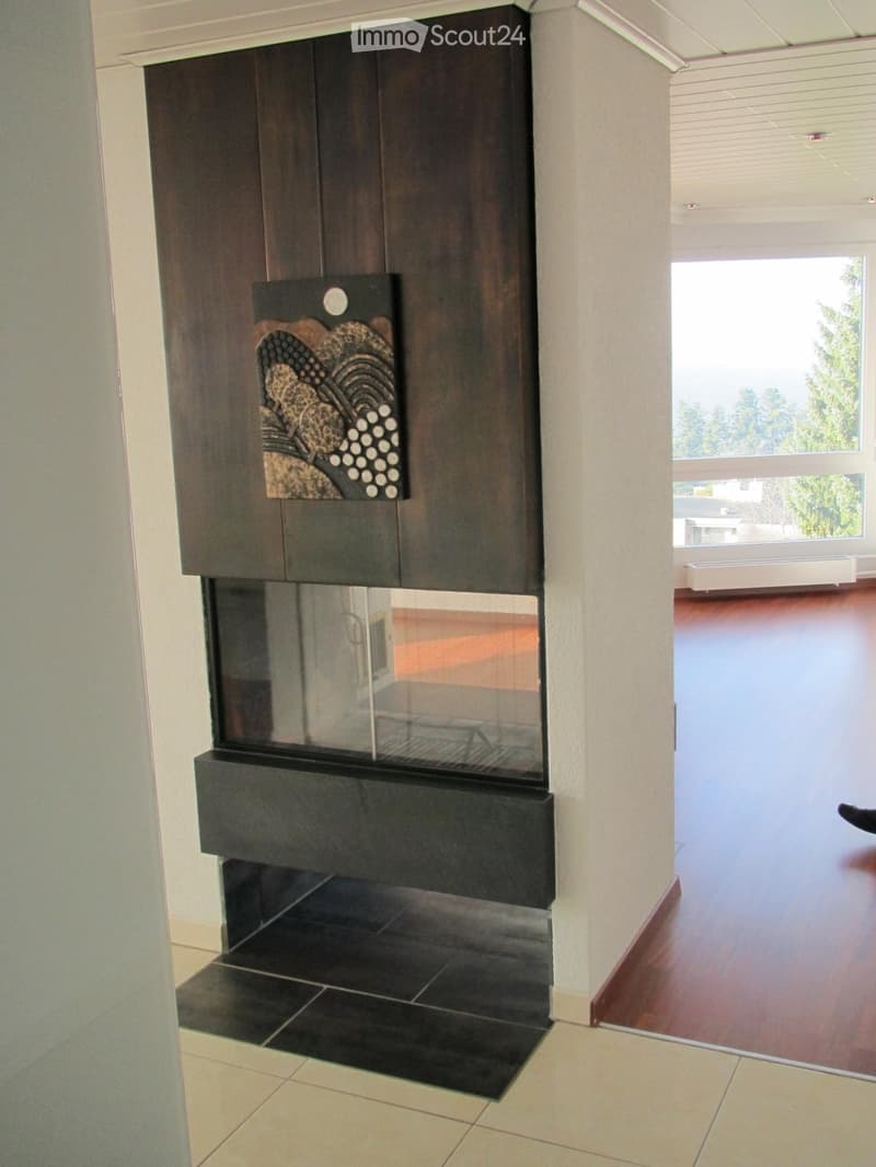 Modern hallway with a sleek, dark-toned fireplace featuring a glass enclosure and decorative artwork above it. The floor is tiled, and the walls are white.