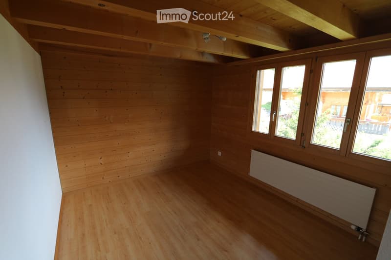 Empty room with wooden walls and floor, large windows, and a radiator. No furniture or equipment present.