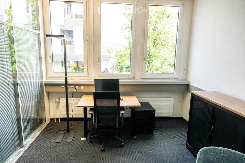 Modern office space with a desk, ergonomic chair, floor lamp, and cabinet. Large windows provide natural light and a view of greenery outside.