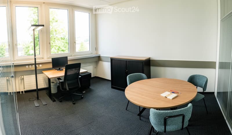 Office space with a desk, chair, computer monitor, round meeting table, chairs, and a cabinet.