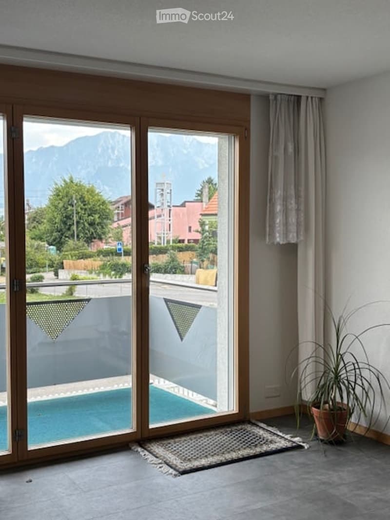 Bright room with large glass sliding doors opening to a balcony, offering a scenic mountain view. Includes a potted plant and a small rug near the entrance.