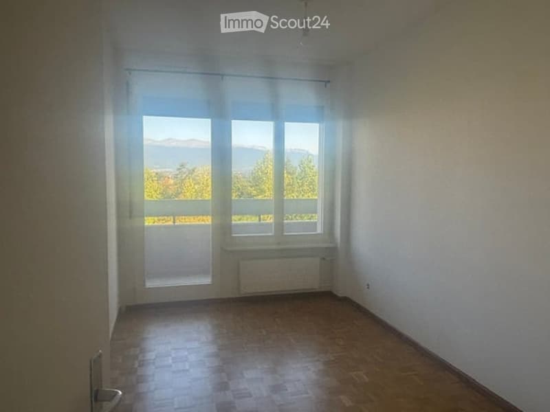 Empty room with wooden flooring, large windows offering a scenic mountain view, and a radiator below the windows.