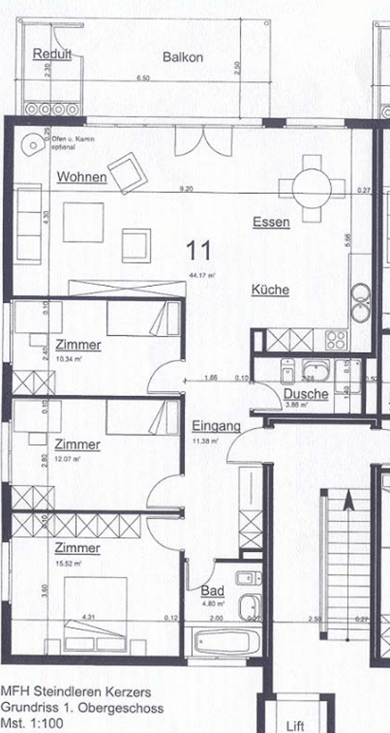 Floor plan of a multi-room apartment with living area, kitchen, dining area, three bedrooms, bathroom, hallway, and balcony.