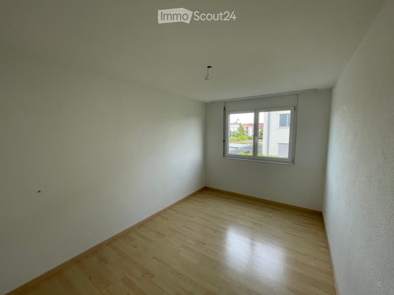 Empty room with light green walls and wooden flooring, featuring a large window with a view of the outside.