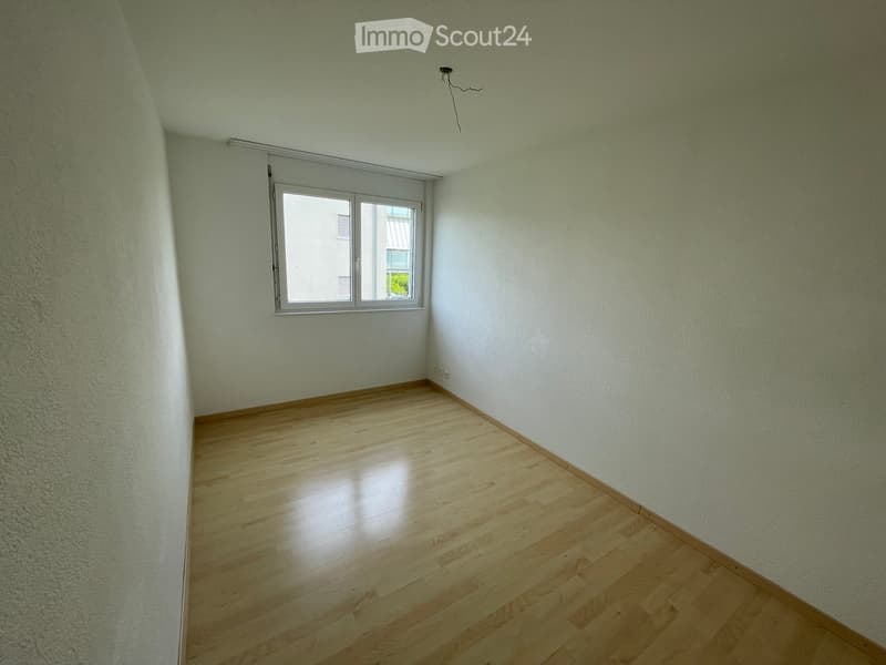 Empty room with light green walls and wooden flooring, featuring a single window with white frame and blinds.