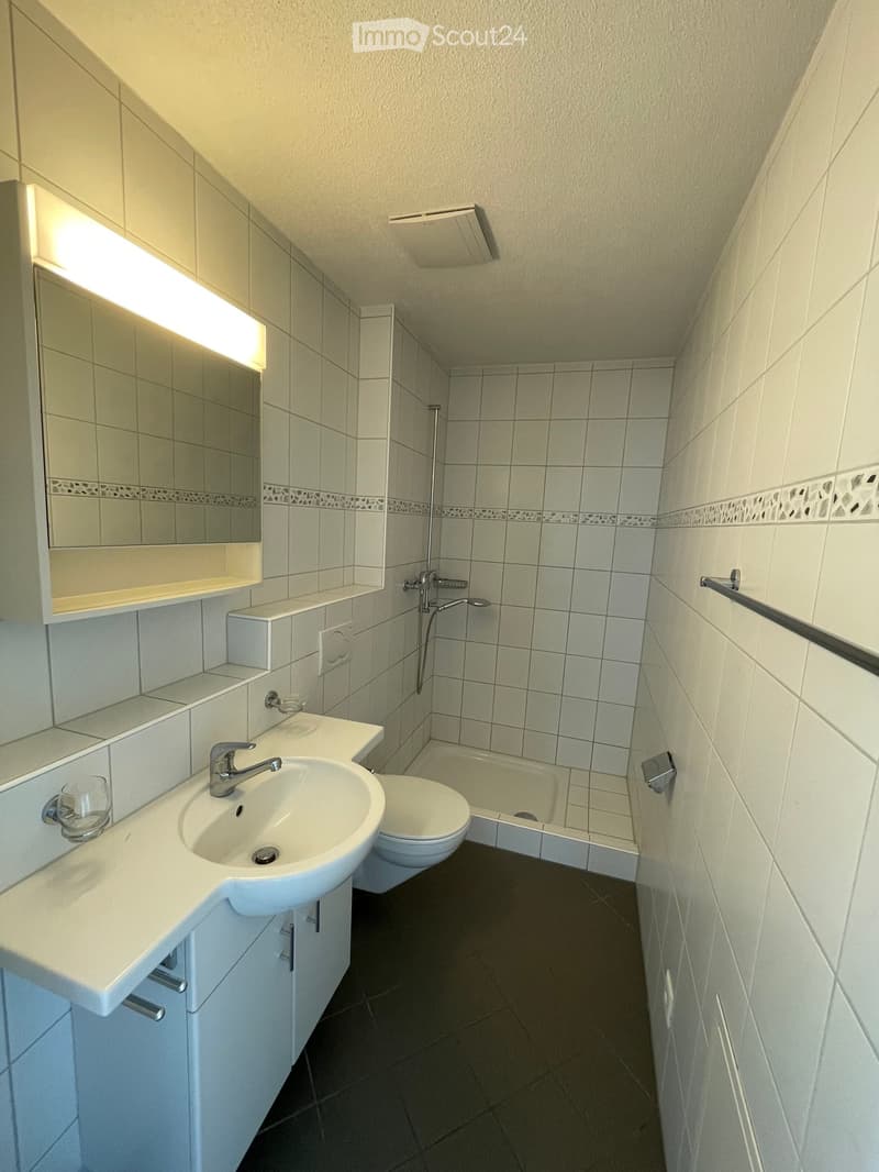 Modern bathroom with white tiles, a sink with a mirror, a toilet, a bathtub, and a shower area.
